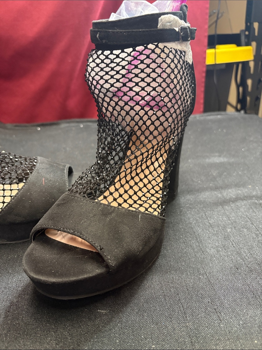 Black Mesh Ankle-Strap High Heel Sandals